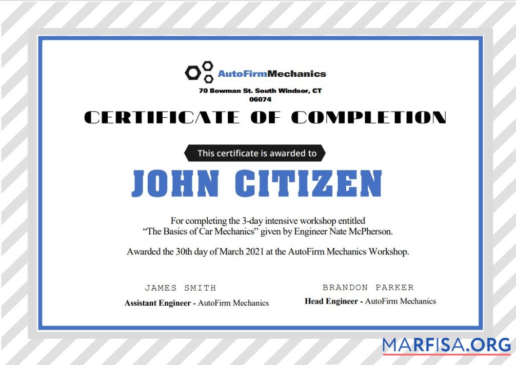 Printable USA Car Workshop Experience Certificate template in Word and PDF format